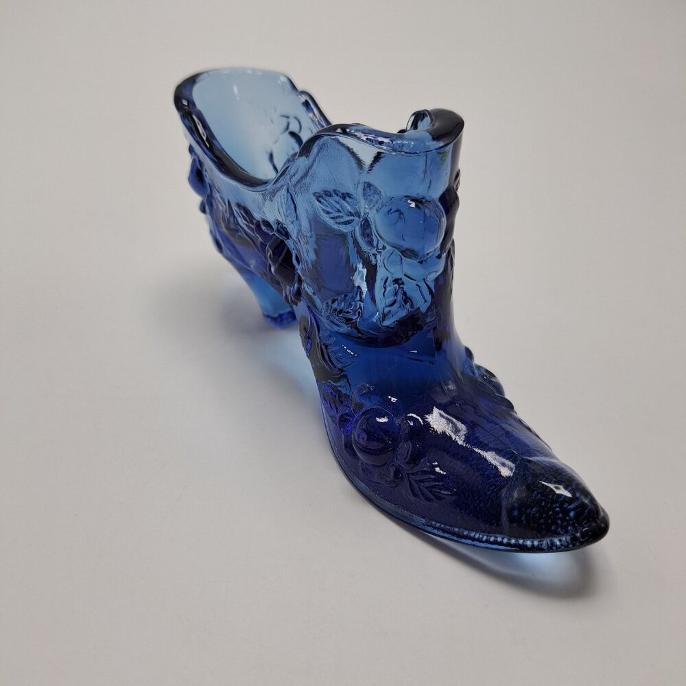 Vintage Fenton Blue Glass Shoe Figurine With Floral Embossed Design